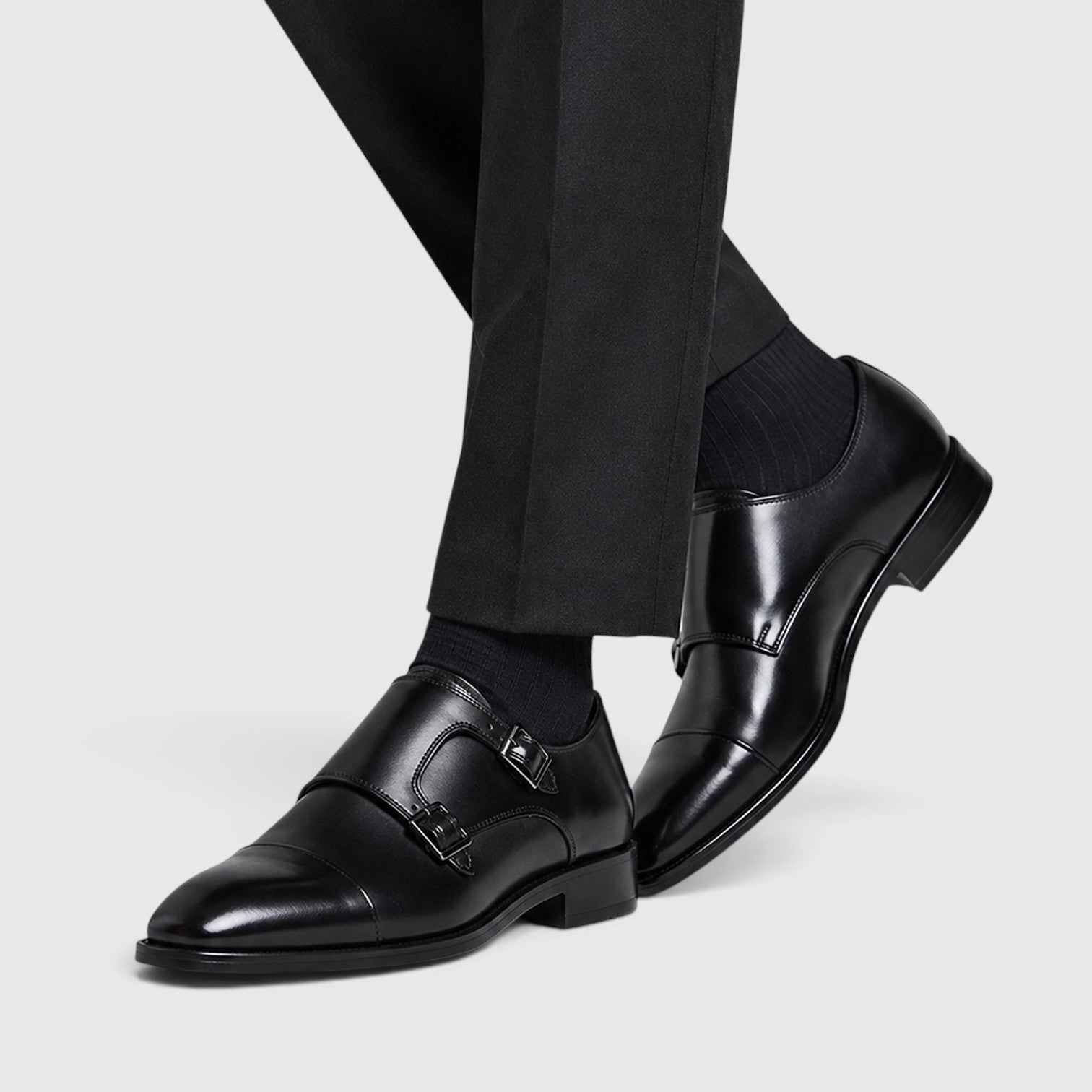 Monvaline | Men's Premium Black Leather Double Monk Strap Oxford Shoes