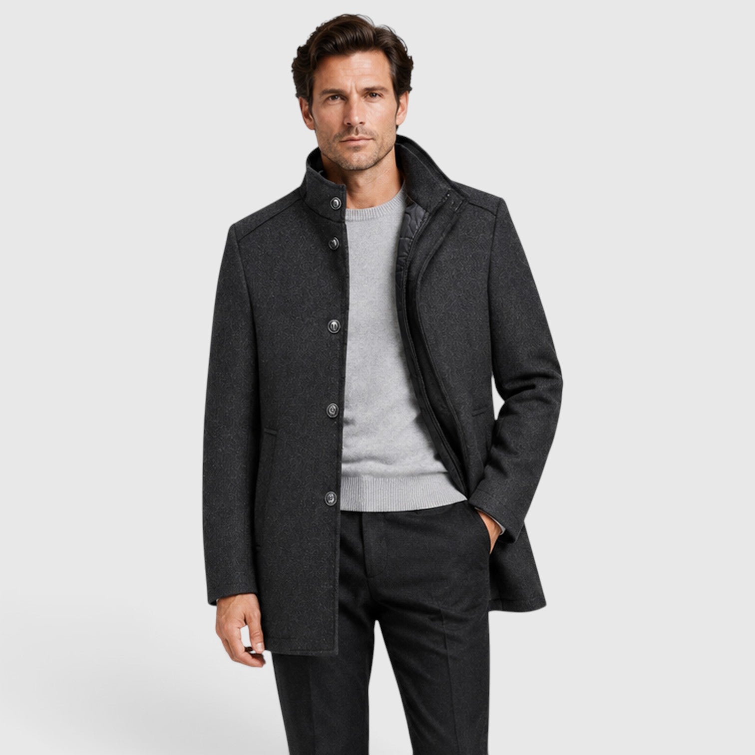 Monvaline | Men's Premium Stand Collar Wool Coat with Padded Lining