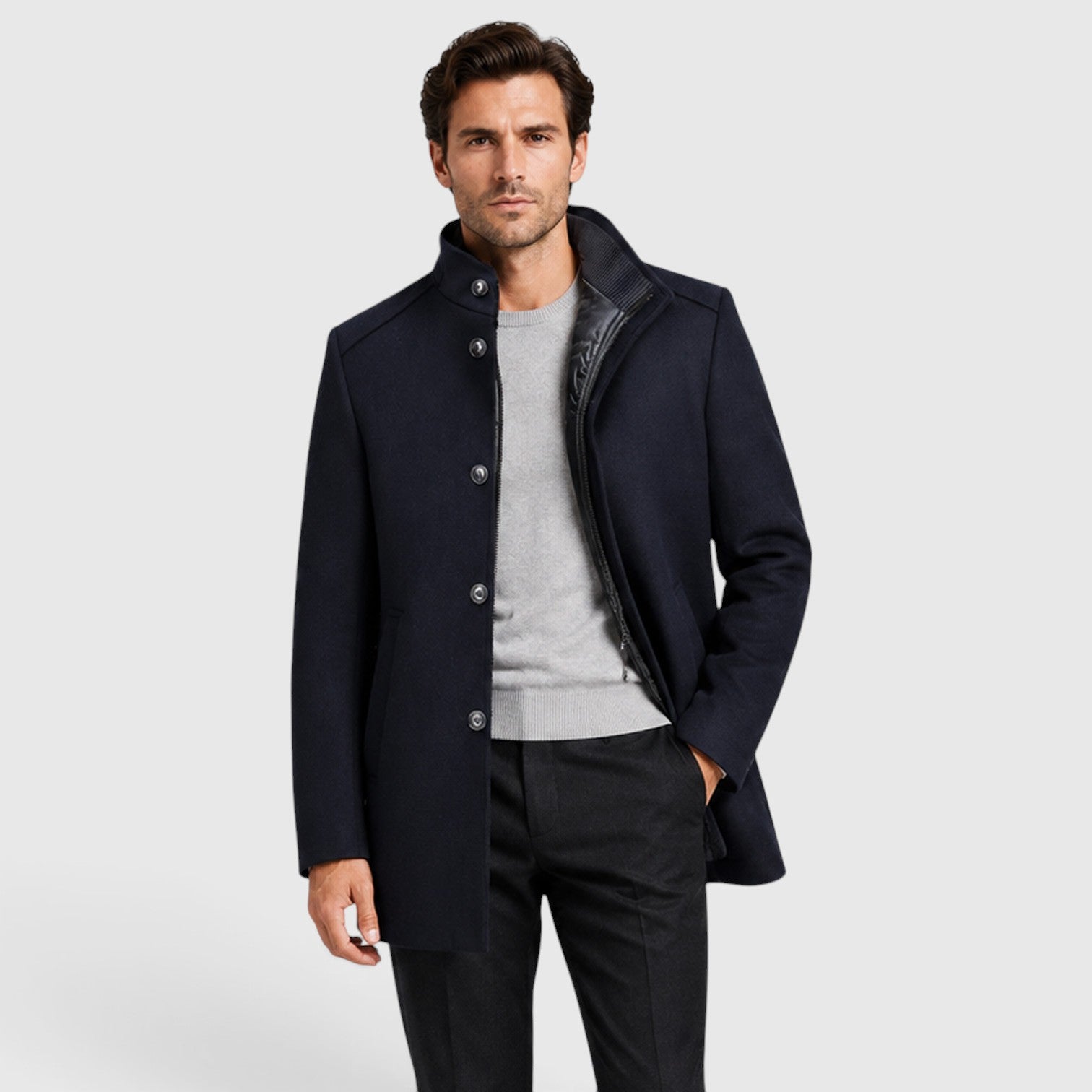 Monvaline | Men's Premium Stand Collar Wool Coat with Padded Lining