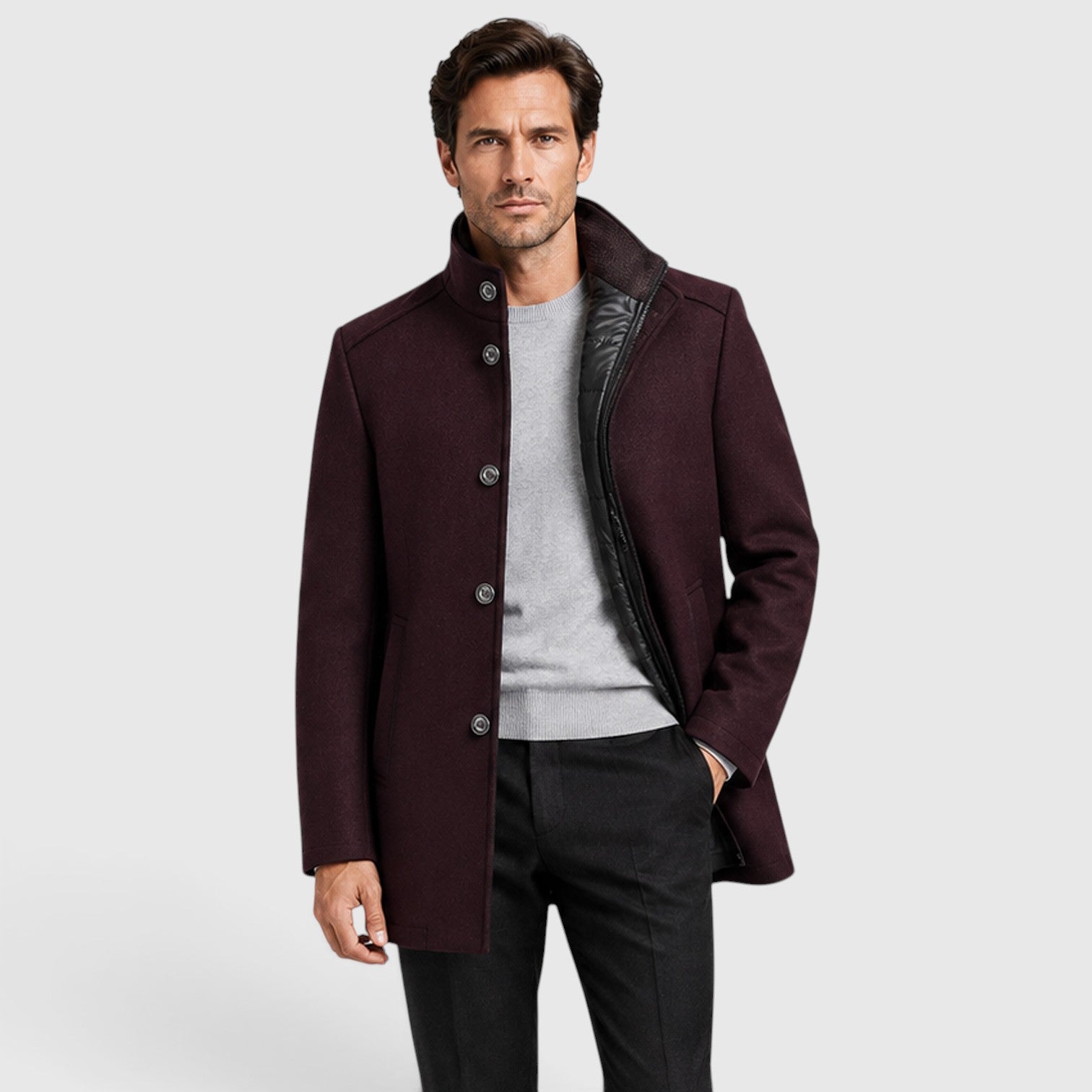 Monvaline | Men's Premium Stand Collar Wool Coat with Padded Lining