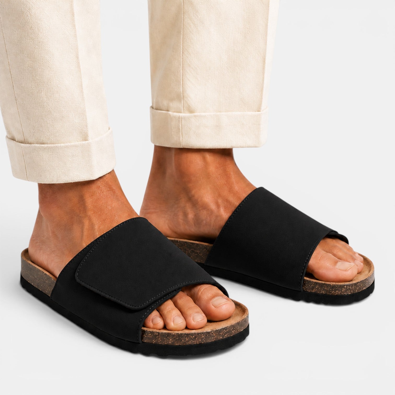 Monvaline | Men's PU Leather Cork Sandals Rubber Sole Casual Slides