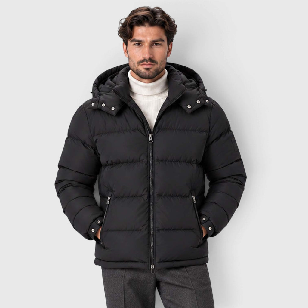 Monvaline | Men's Puffer Jacket Removable Hood Insulated Winter Black