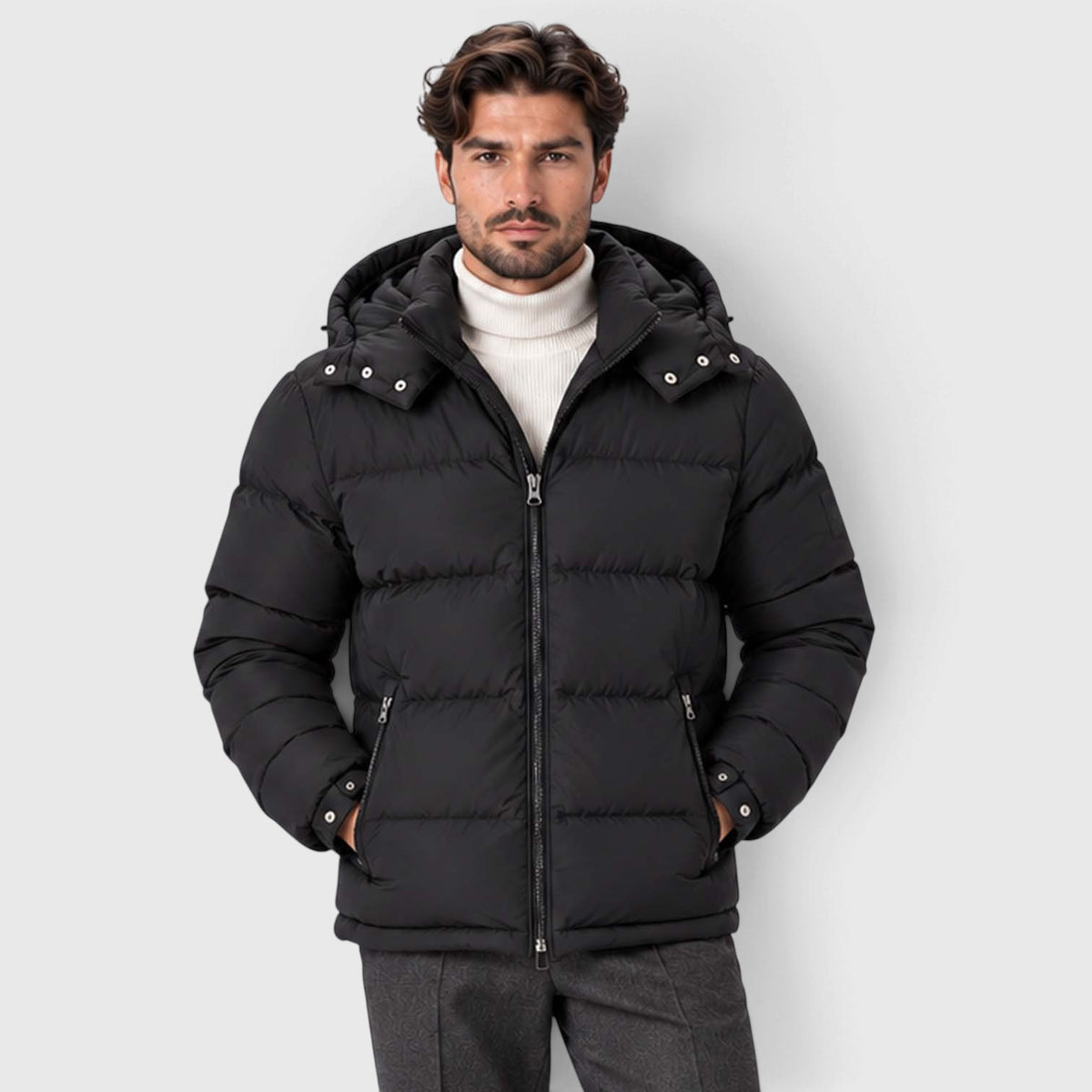 Monvaline | Men's Puffer Jacket Removable Hood Insulated Winter Black