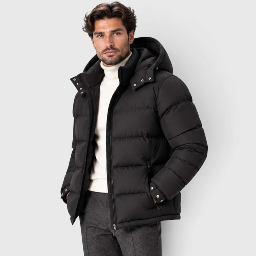 Monvaline | Men's Puffer Jacket Removable Hood Insulated Winter Black