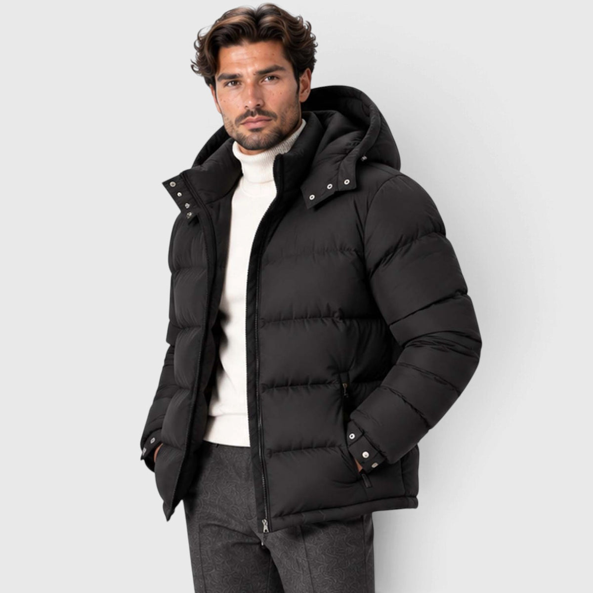 Monvaline | Men's Puffer Jacket Removable Hood Insulated Winter Black