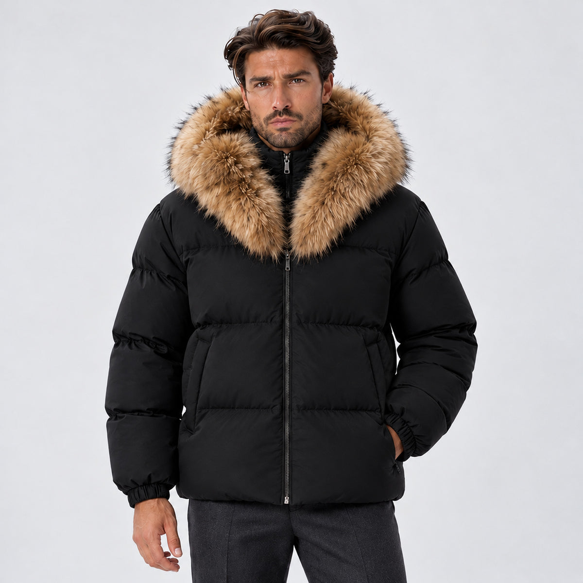 Monvaline | Men's Puffer Jacket with Faux Fur Hood – Warm Winter Coat