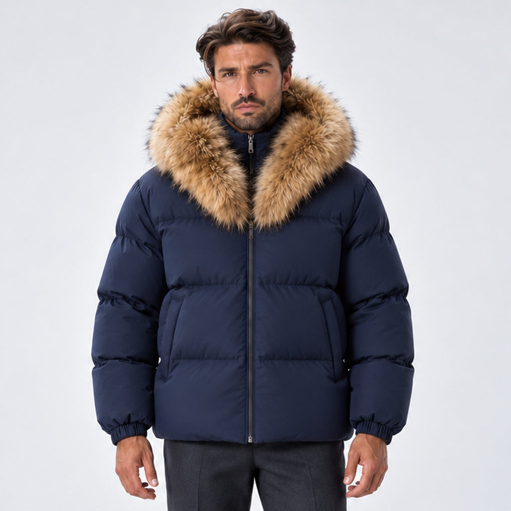 Monvaline | Men's Puffer Jacket with Faux Fur Hood – Warm Winter Coat