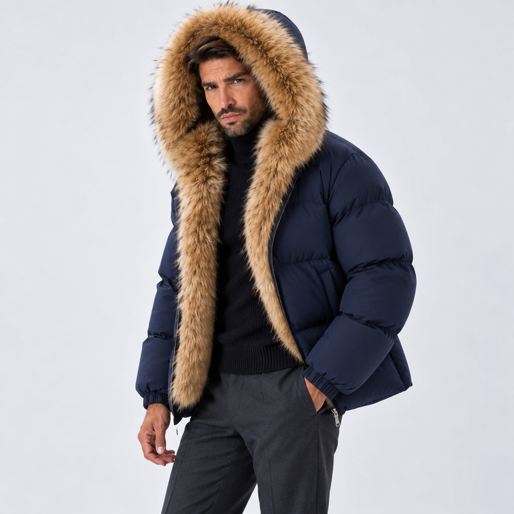 Monvaline | Men's Puffer Jacket with Faux Fur Hood – Warm Winter Coat