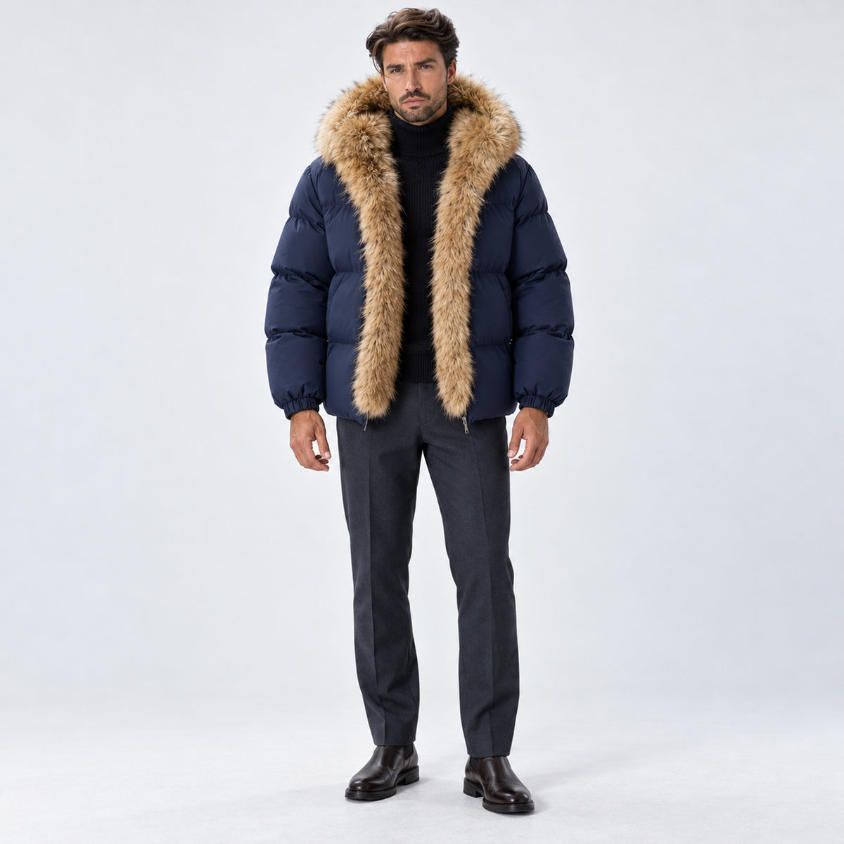 Monvaline | Men's Puffer Jacket with Faux Fur Hood – Warm Winter Coat