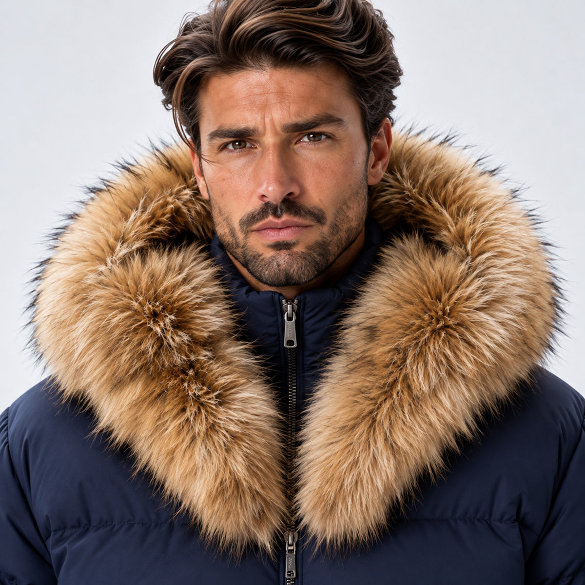 Monvaline | Men's Puffer Jacket with Faux Fur Hood – Warm Winter Coat