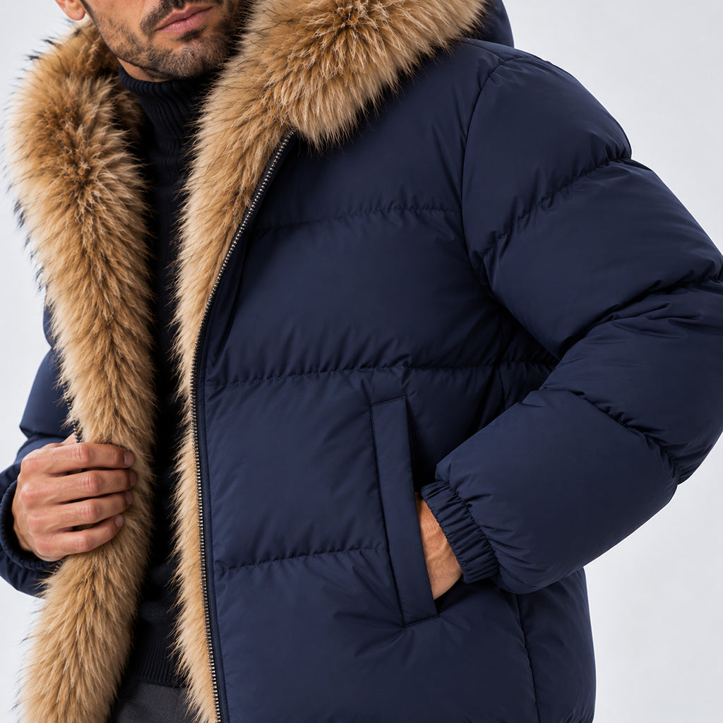Monvaline | Men's Puffer Jacket with Faux Fur Hood – Warm Winter Coat