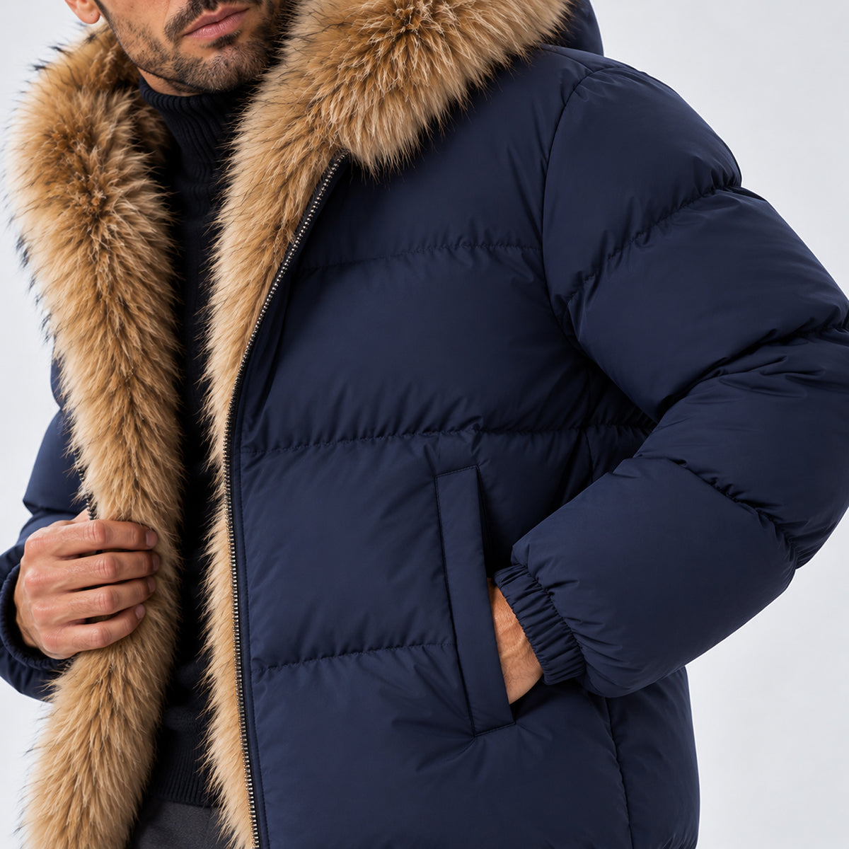 Monvaline | Men's Puffer Jacket with Faux Fur Hood – Warm Winter Coat