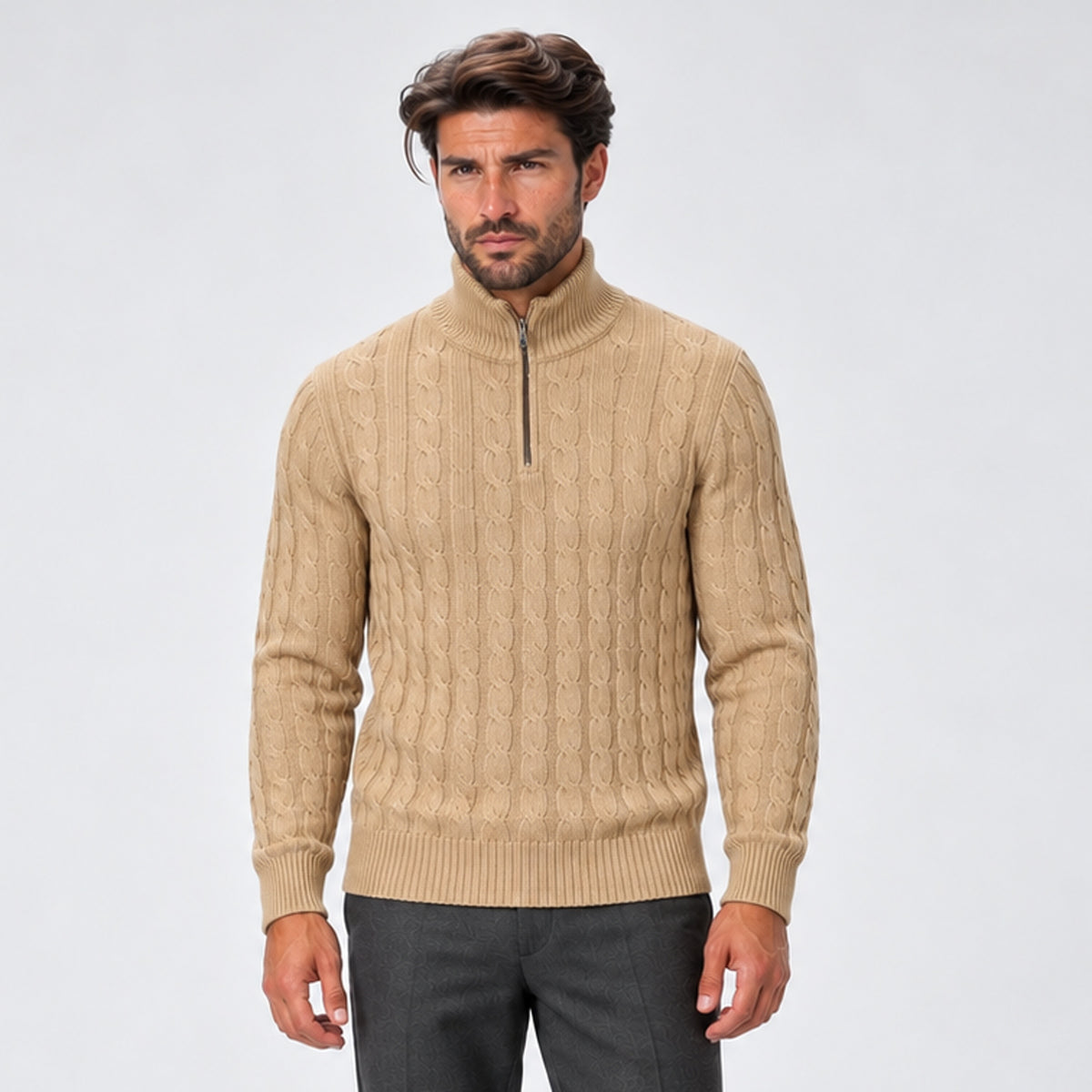 Monvaline | Men's Quarter Zip Jumper – Cable Knit Winter Pullover