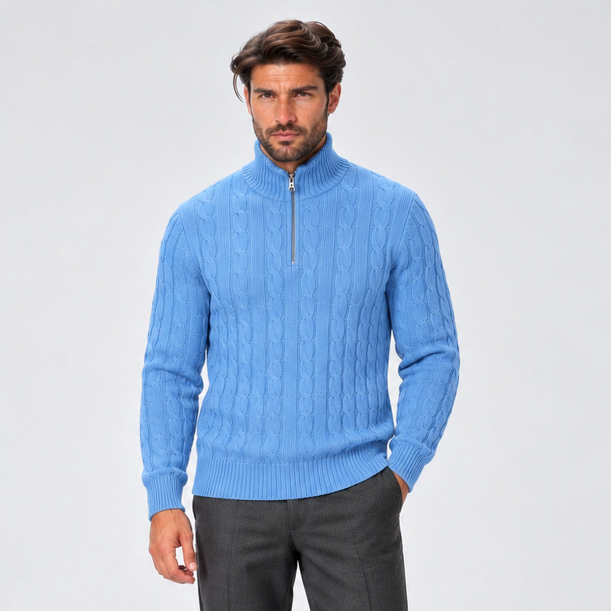 Monvaline | Men's Quarter Zip Jumper – Cable Knit Winter Pullover