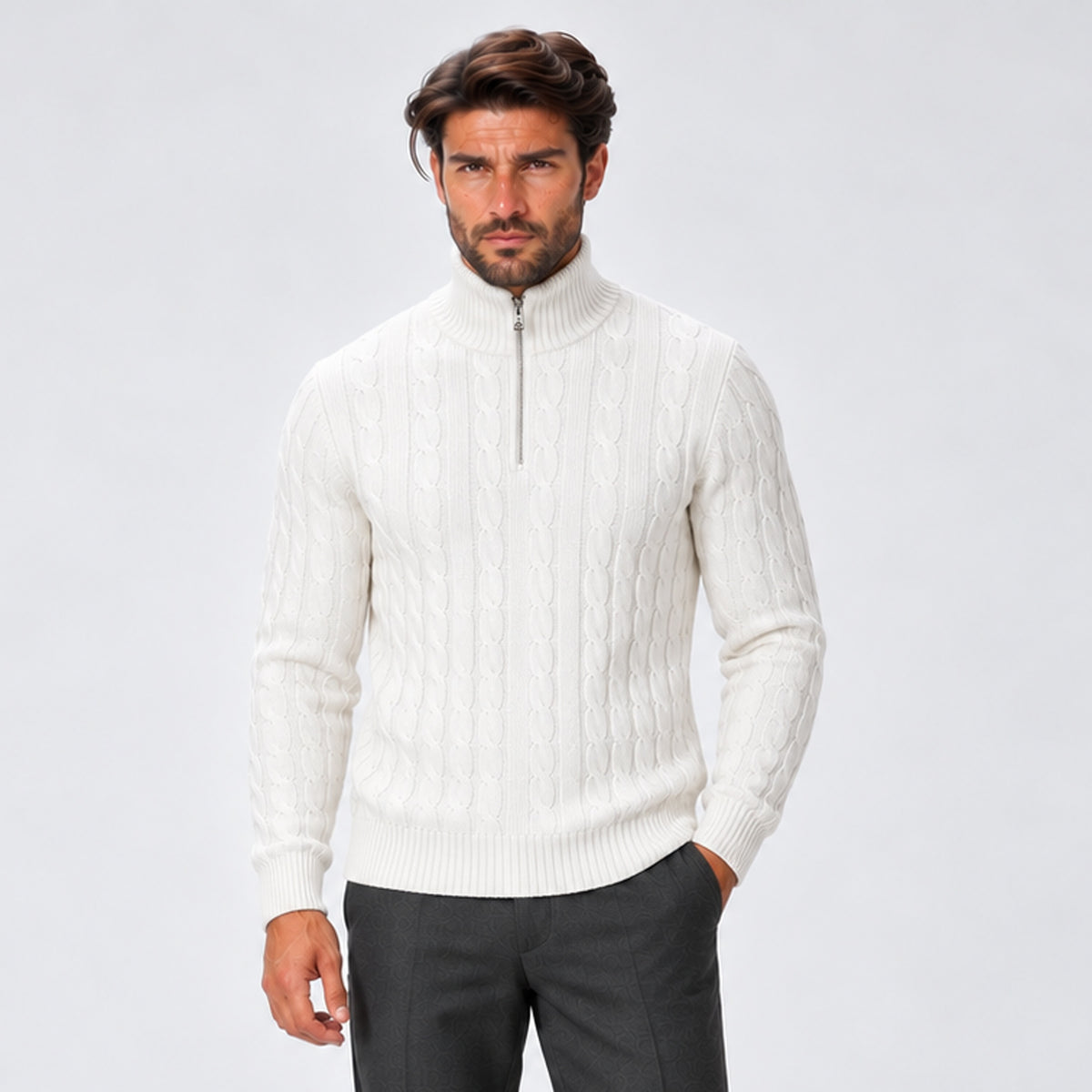 Monvaline | Men's Quarter Zip Jumper – Cable Knit Winter Pullover
