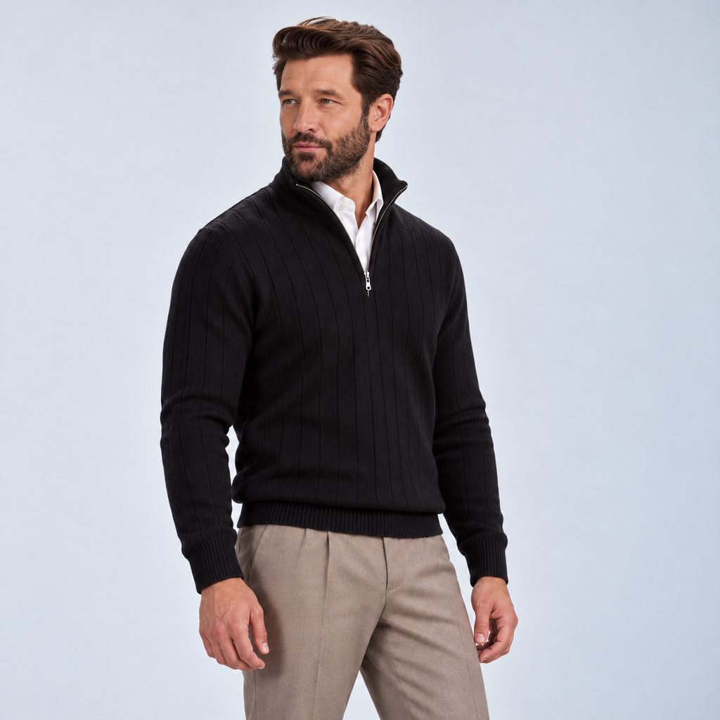 Monvaline | Men's Quarter Zip Ribbed Knit Jumper Stand Collar