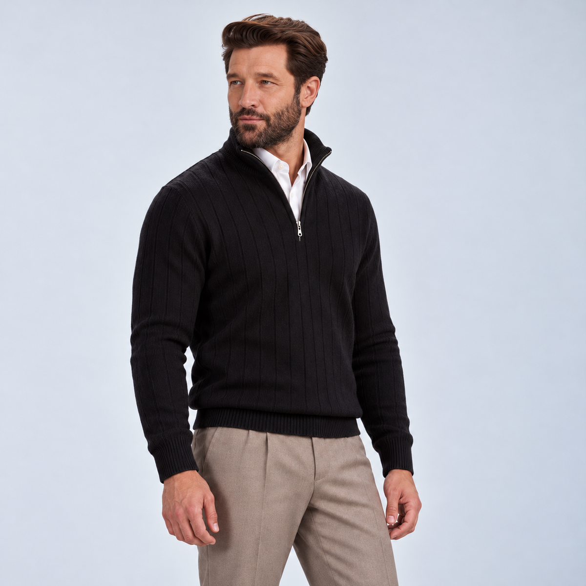 Monvaline | Men's Quarter Zip Ribbed Knit Jumper Stand Collar