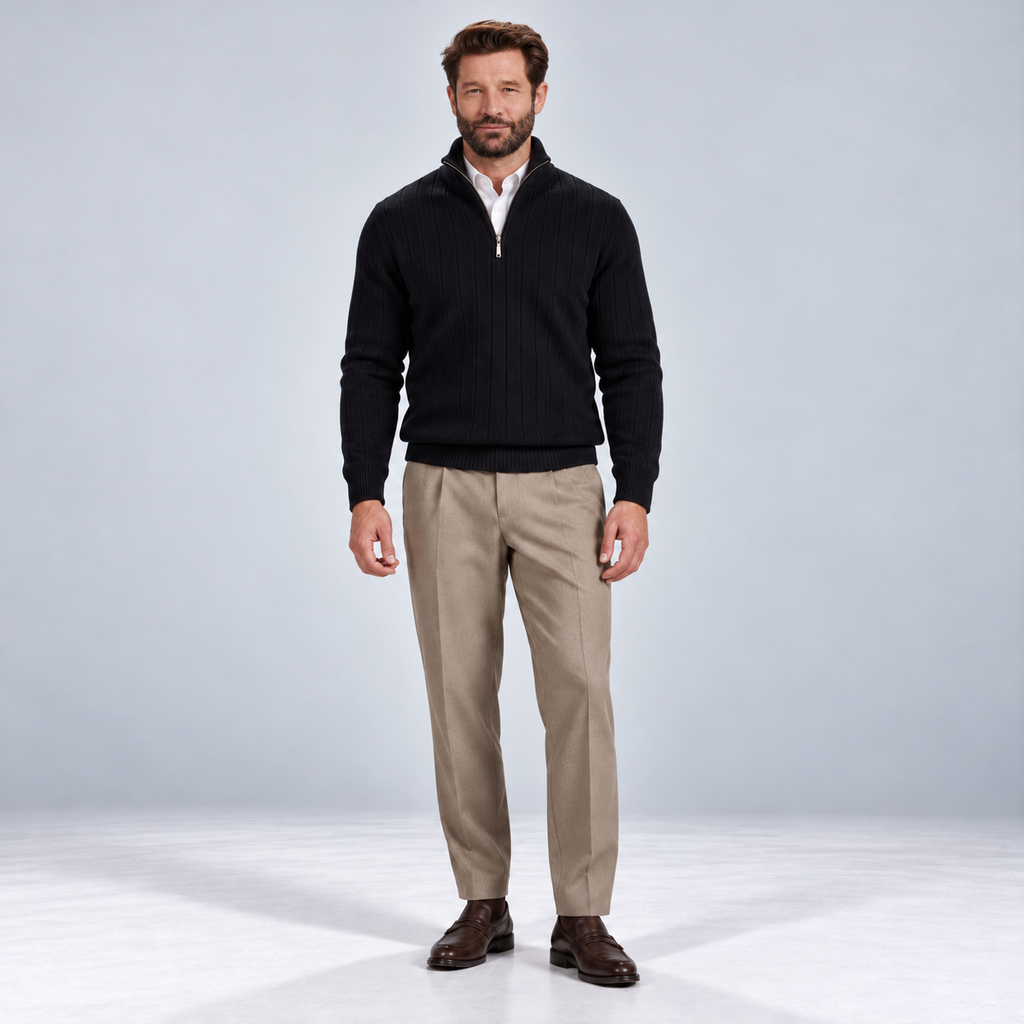 Monvaline | Men's Quarter Zip Ribbed Knit Jumper Stand Collar
