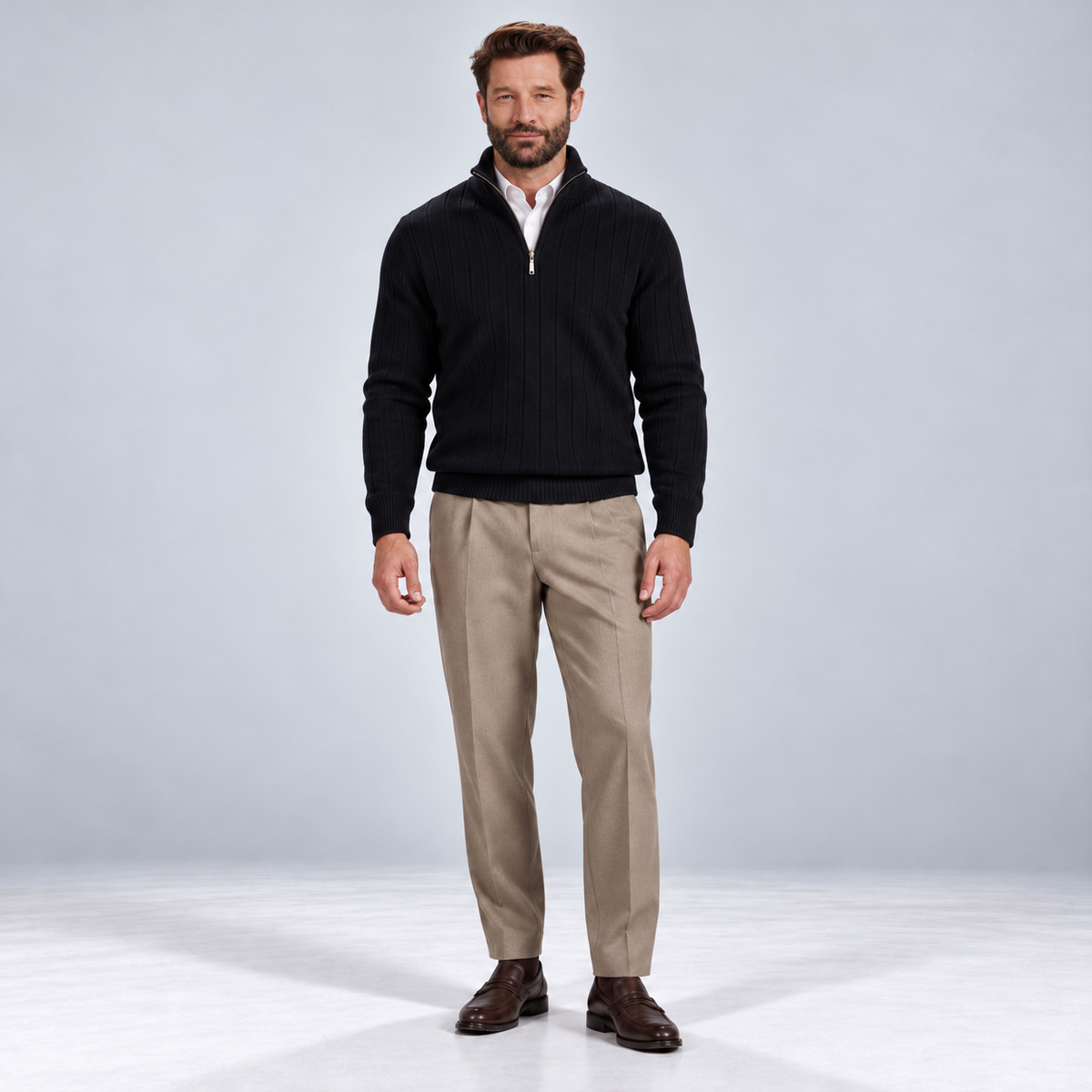 Monvaline | Men's Quarter Zip Ribbed Knit Jumper Stand Collar