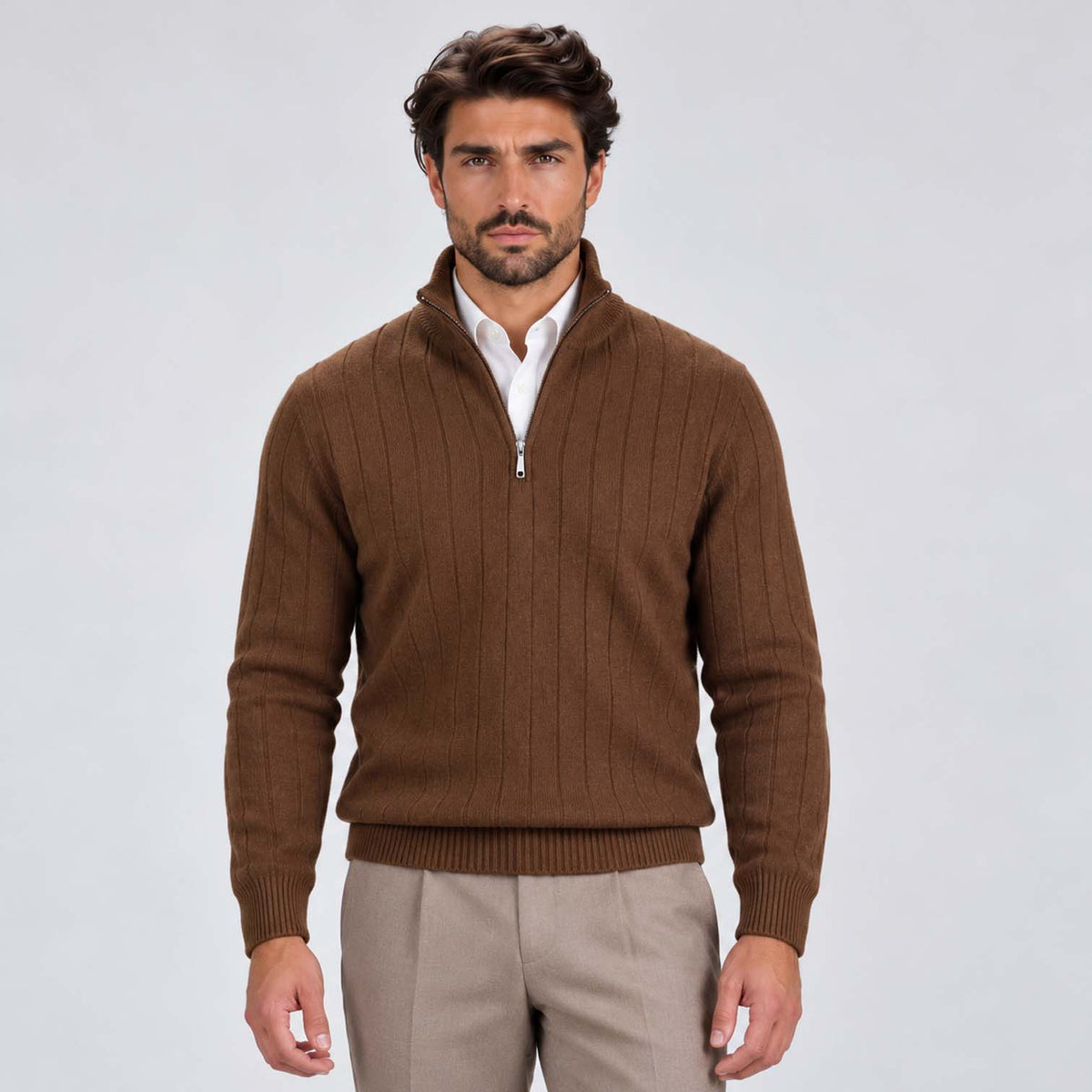 Monvaline | Men's Quarter Zip Ribbed Knit Jumper Stand Collar