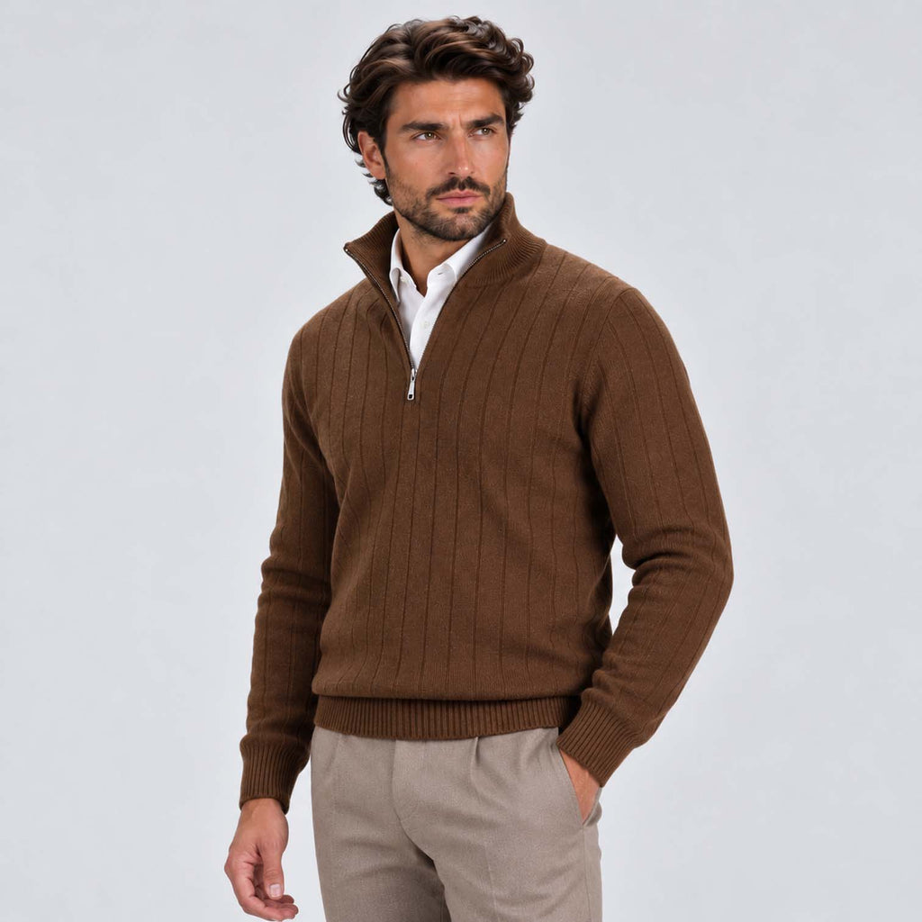 Monvaline | Men's Quarter Zip Ribbed Knit Jumper Stand Collar