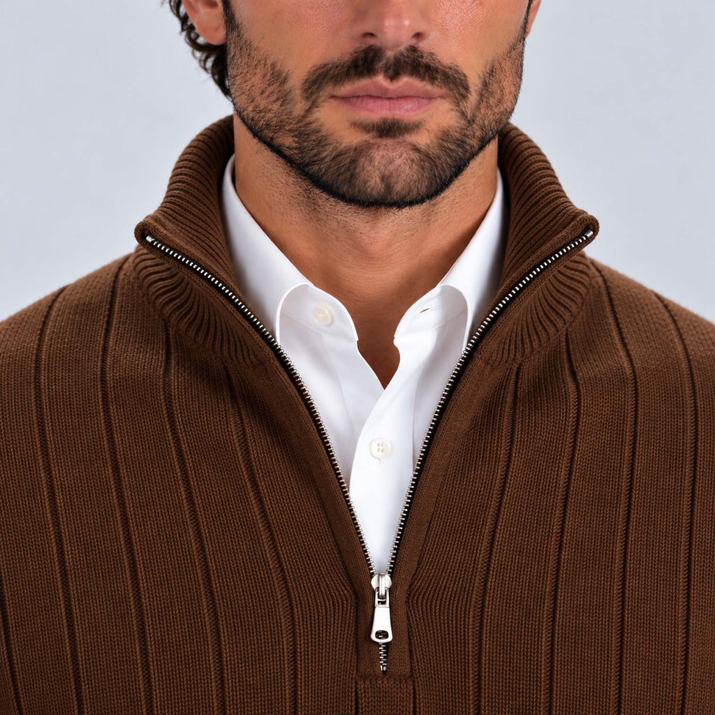 Monvaline | Men's Quarter Zip Ribbed Knit Jumper Stand Collar