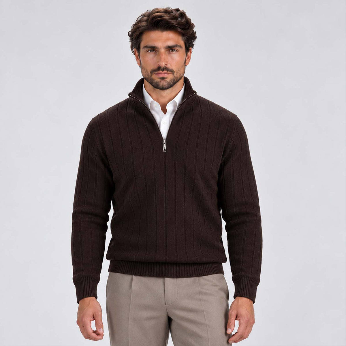 Monvaline | Men's Quarter Zip Ribbed Knit Jumper Stand Collar
