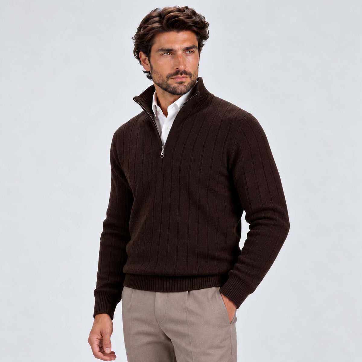Monvaline | Men's Quarter Zip Ribbed Knit Jumper Stand Collar