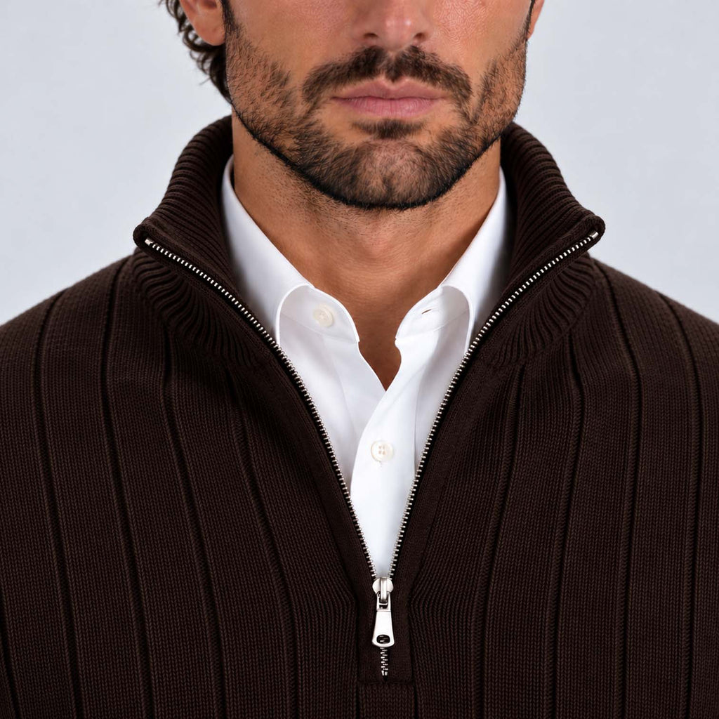 Monvaline | Men's Quarter Zip Ribbed Knit Jumper Stand Collar