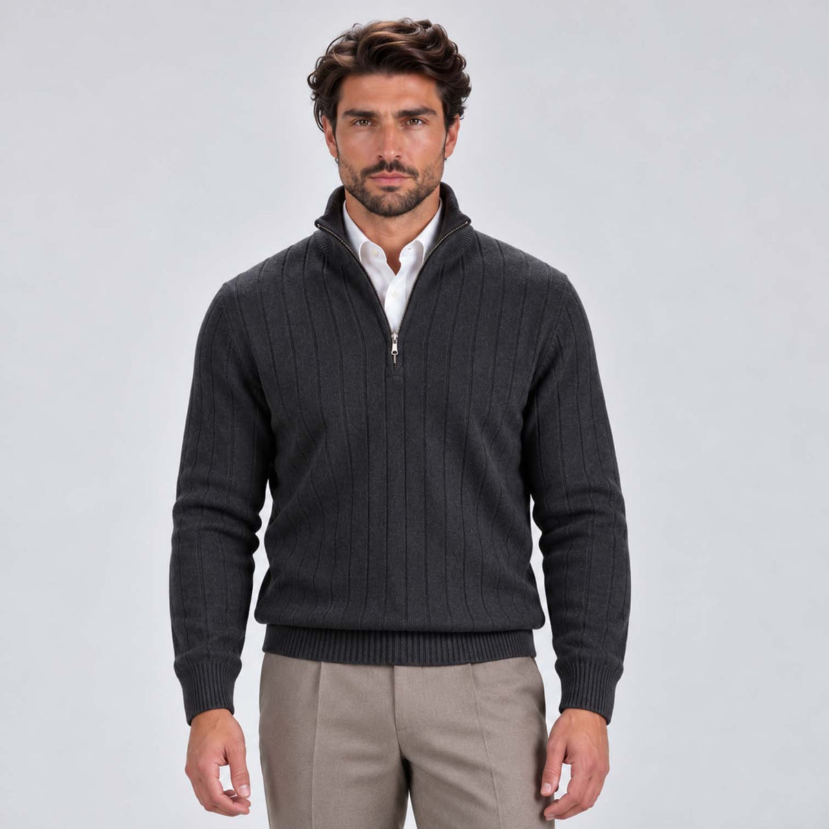 Monvaline | Men's Quarter Zip Ribbed Knit Jumper Stand Collar