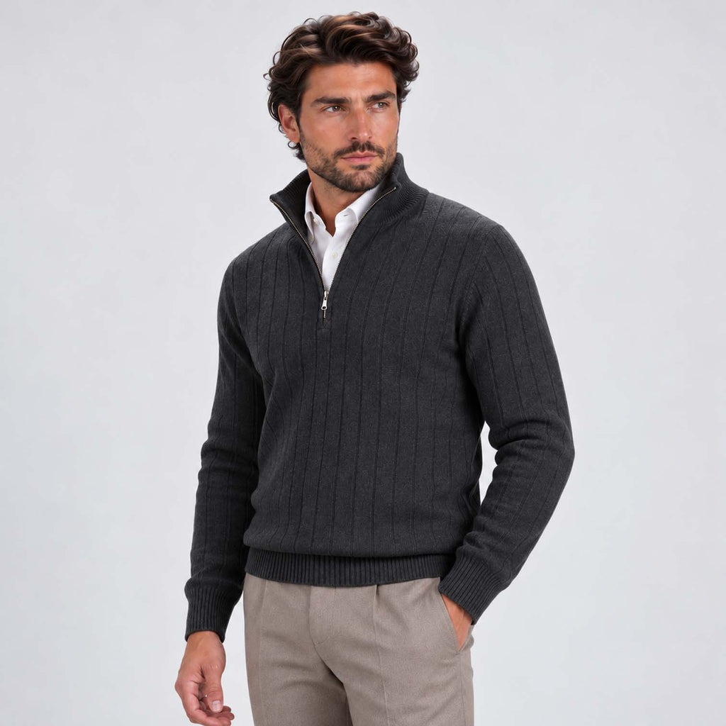 Monvaline | Men's Quarter Zip Ribbed Knit Jumper Stand Collar