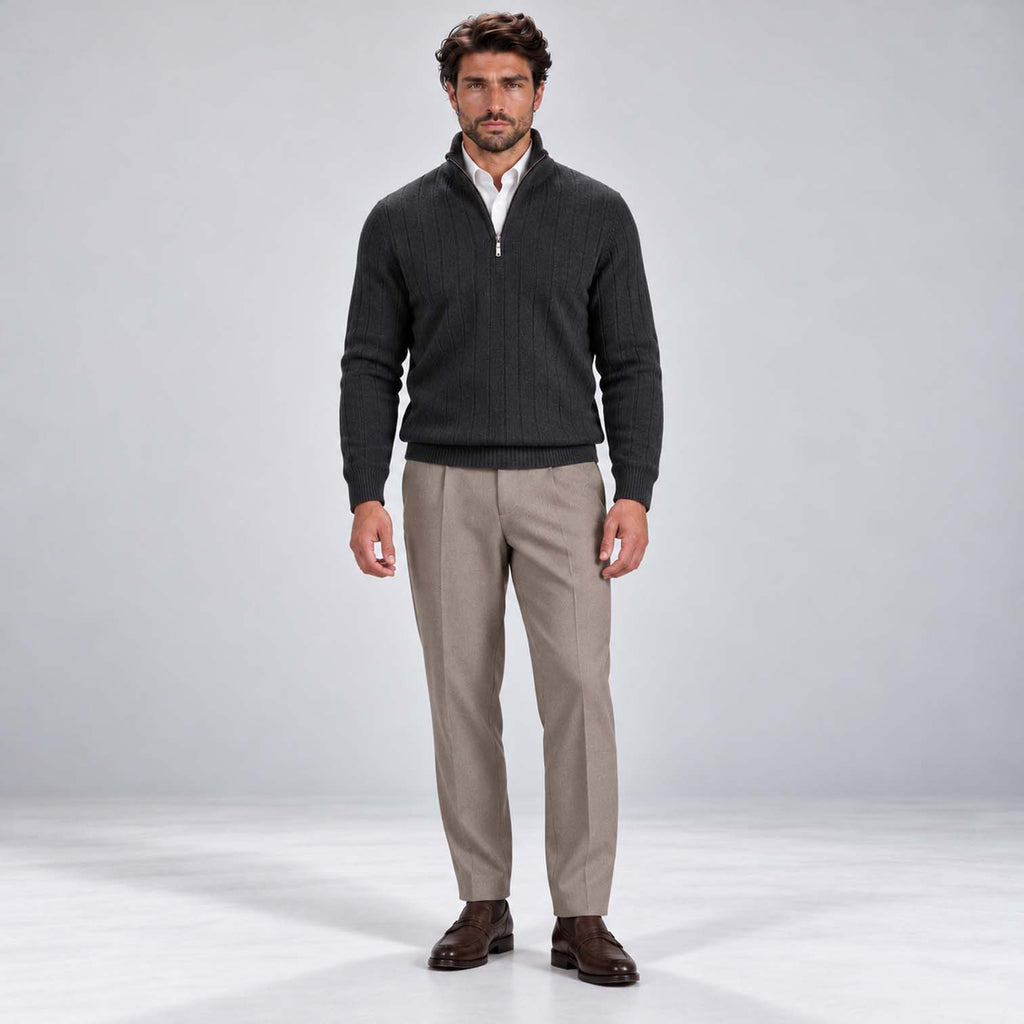Monvaline | Men's Quarter Zip Ribbed Knit Jumper Stand Collar