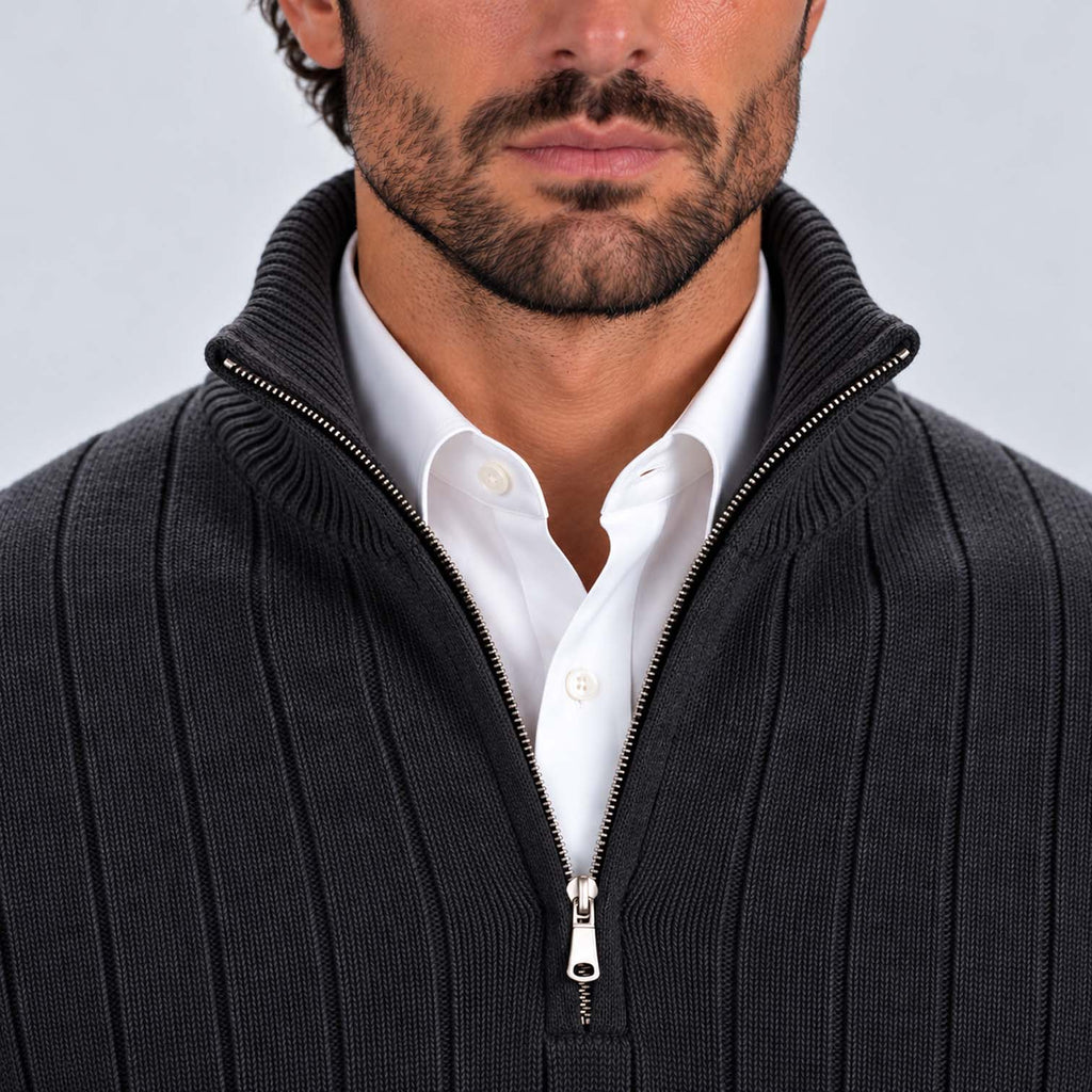 Monvaline | Men's Quarter Zip Ribbed Knit Jumper Stand Collar