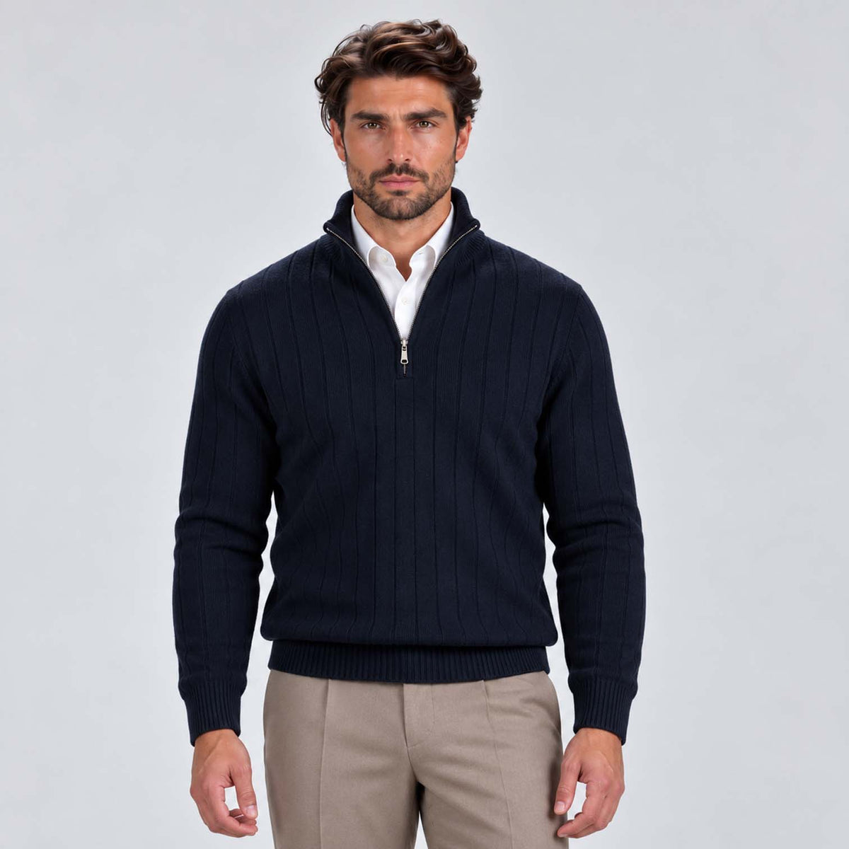 Monvaline | Men's Quarter Zip Ribbed Knit Jumper Stand Collar