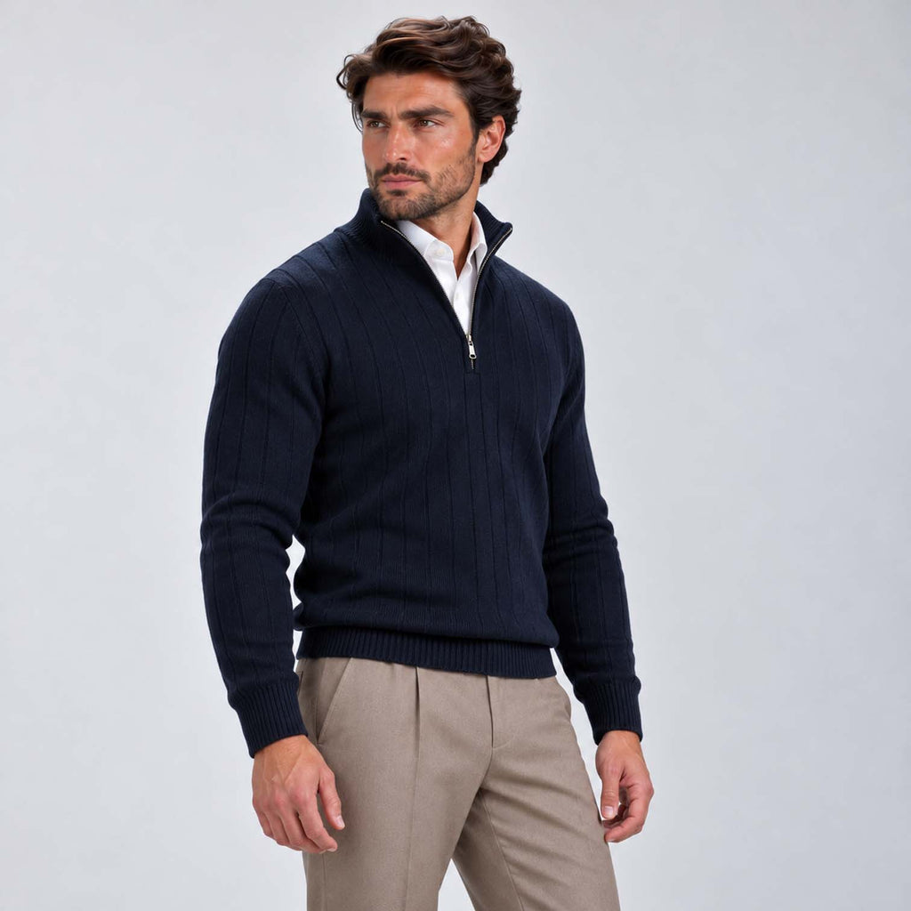 Monvaline | Men's Quarter Zip Ribbed Knit Jumper Stand Collar