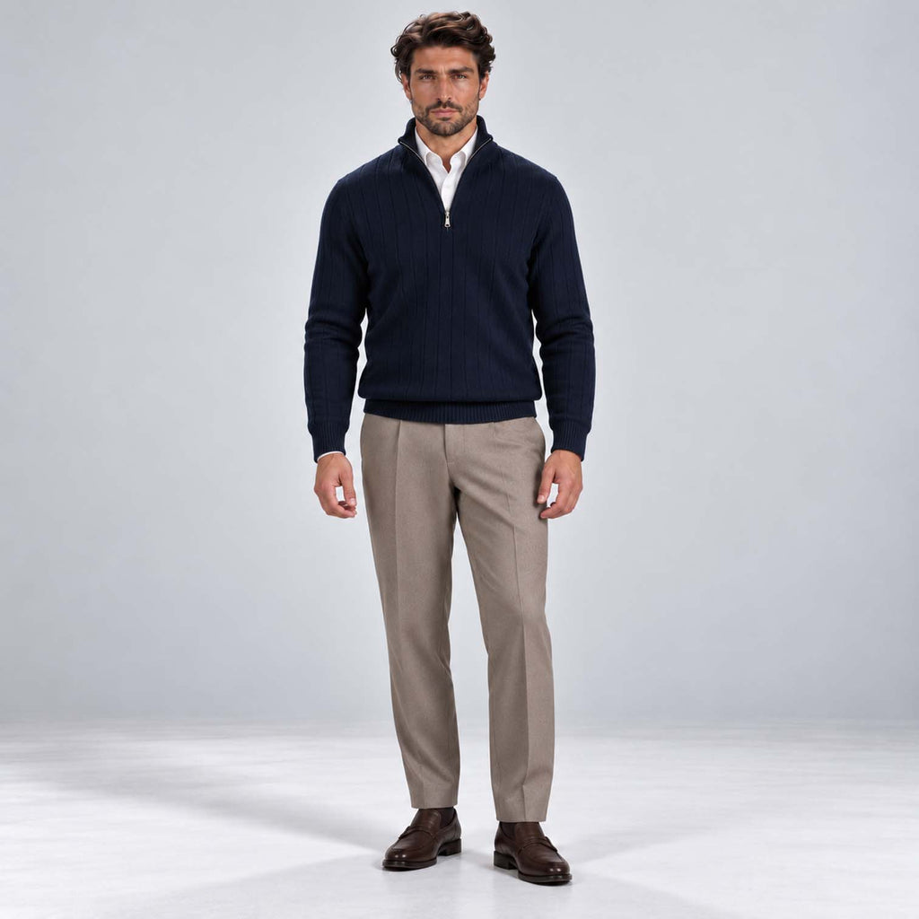 Monvaline | Men's Quarter Zip Ribbed Knit Jumper Stand Collar