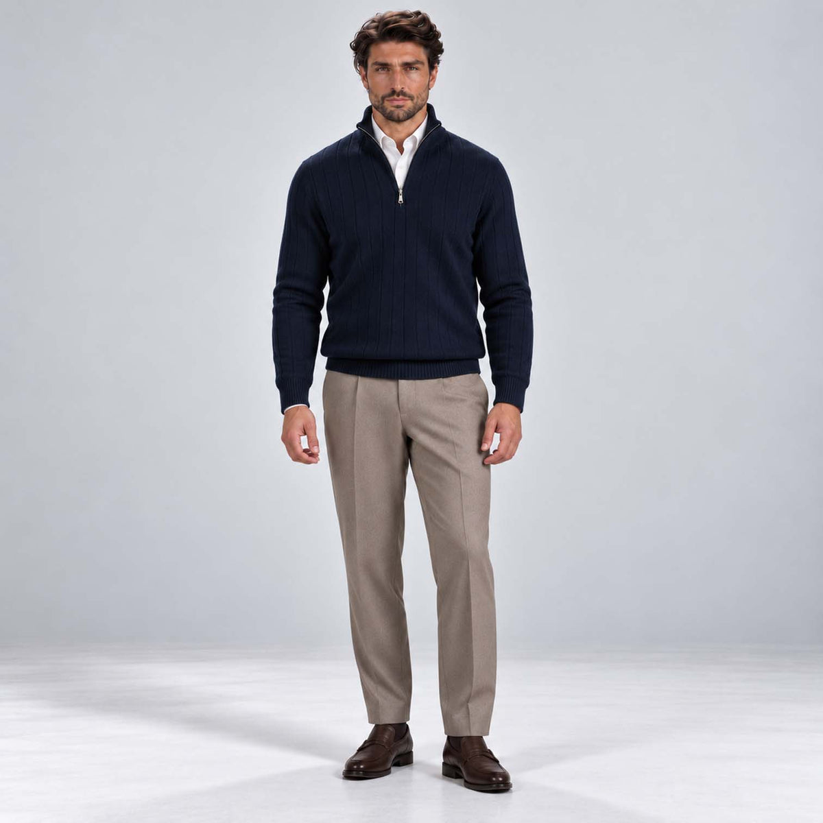 Monvaline | Men's Quarter Zip Ribbed Knit Jumper Stand Collar