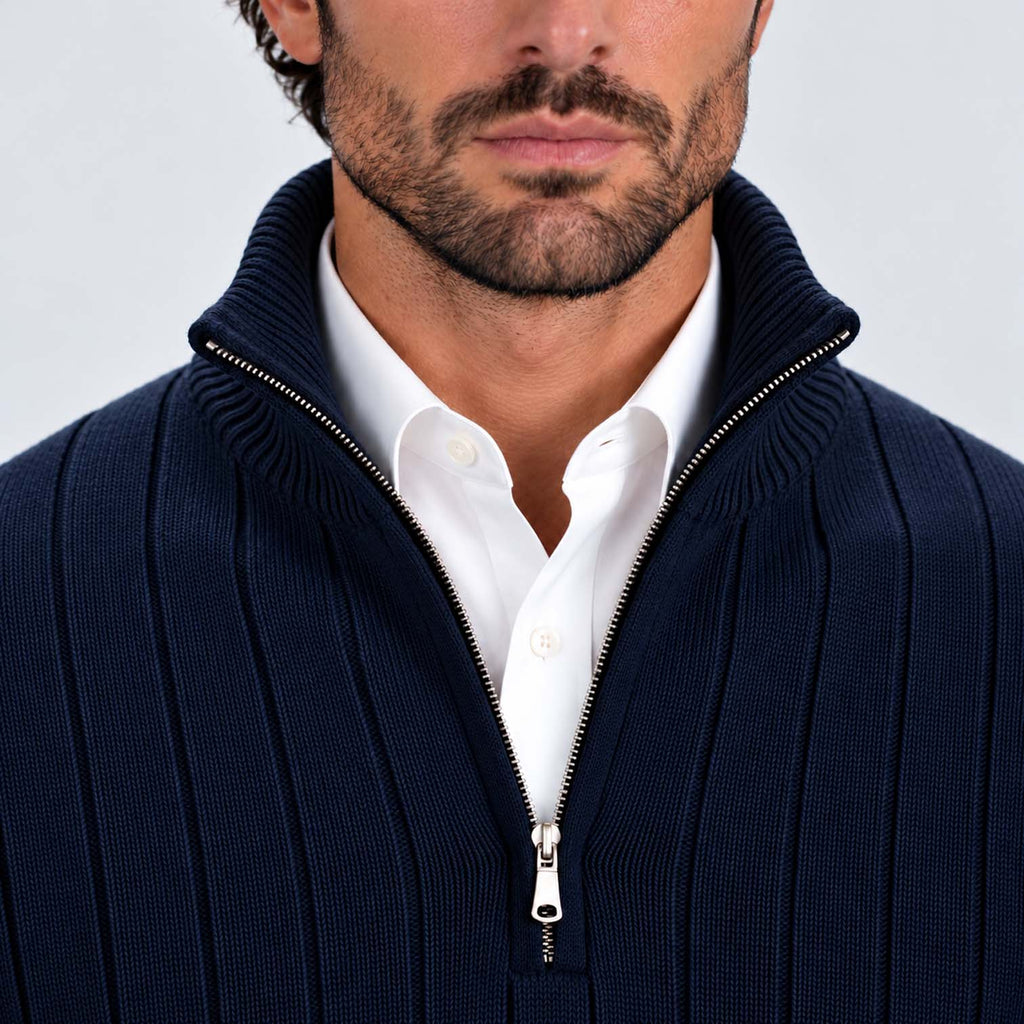 Monvaline | Men's Quarter Zip Ribbed Knit Jumper Stand Collar