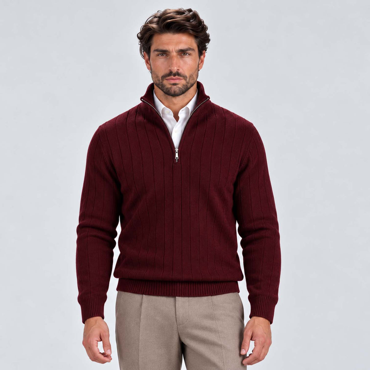Monvaline | Men's Quarter Zip Ribbed Knit Jumper Stand Collar