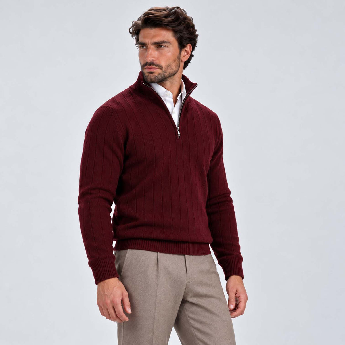 Monvaline | Men's Quarter Zip Ribbed Knit Jumper Stand Collar