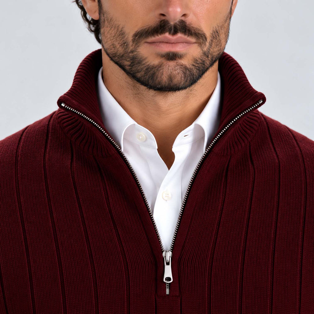 Monvaline | Men's Quarter Zip Ribbed Knit Jumper Stand Collar