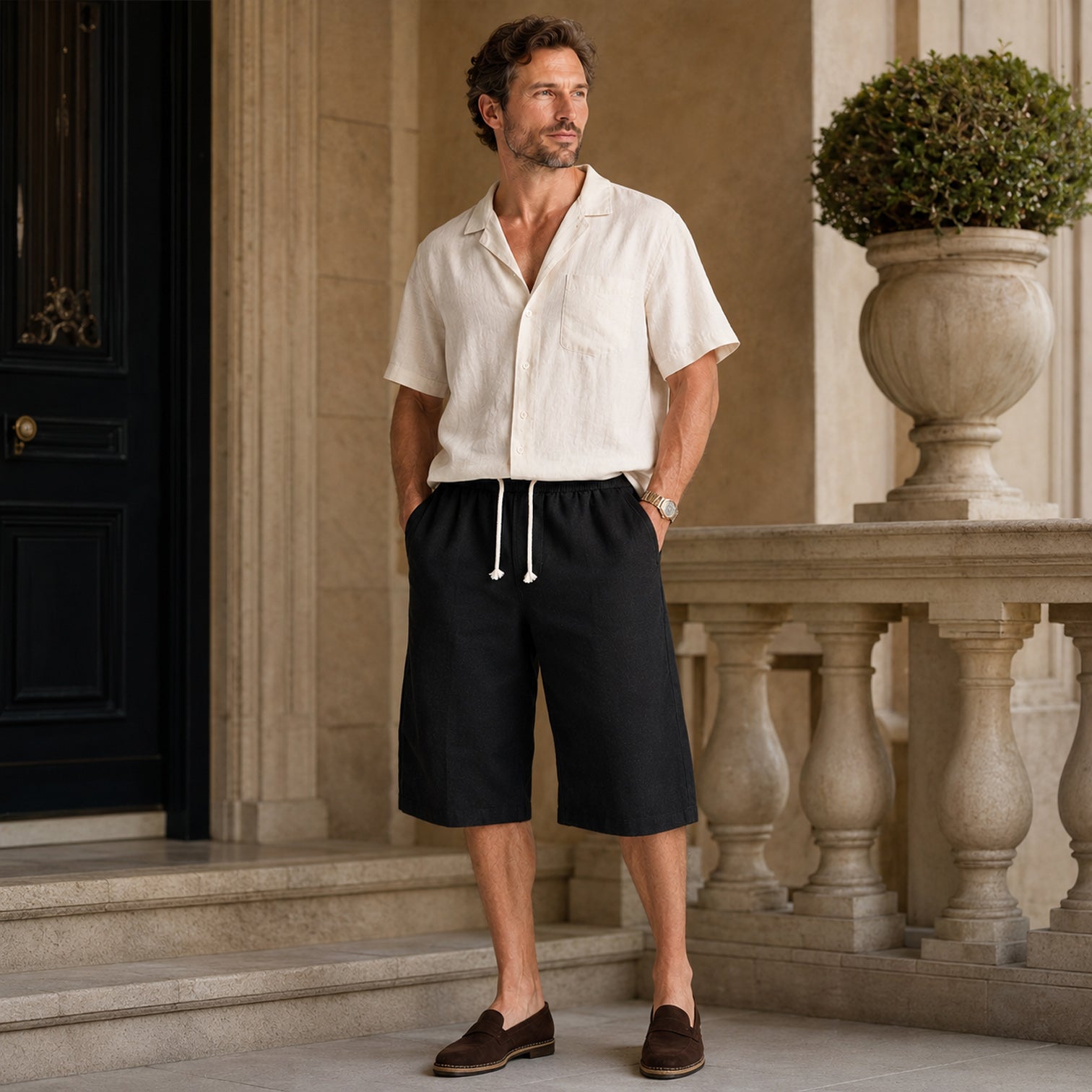 Monvaline | Men's Ramie Linen Cropped Pants Lightweight Casual Summer Wear