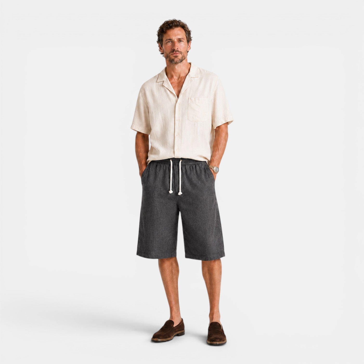 Monvaline | Men's Ramie Linen Cropped Pants Lightweight Casual Summer Wear