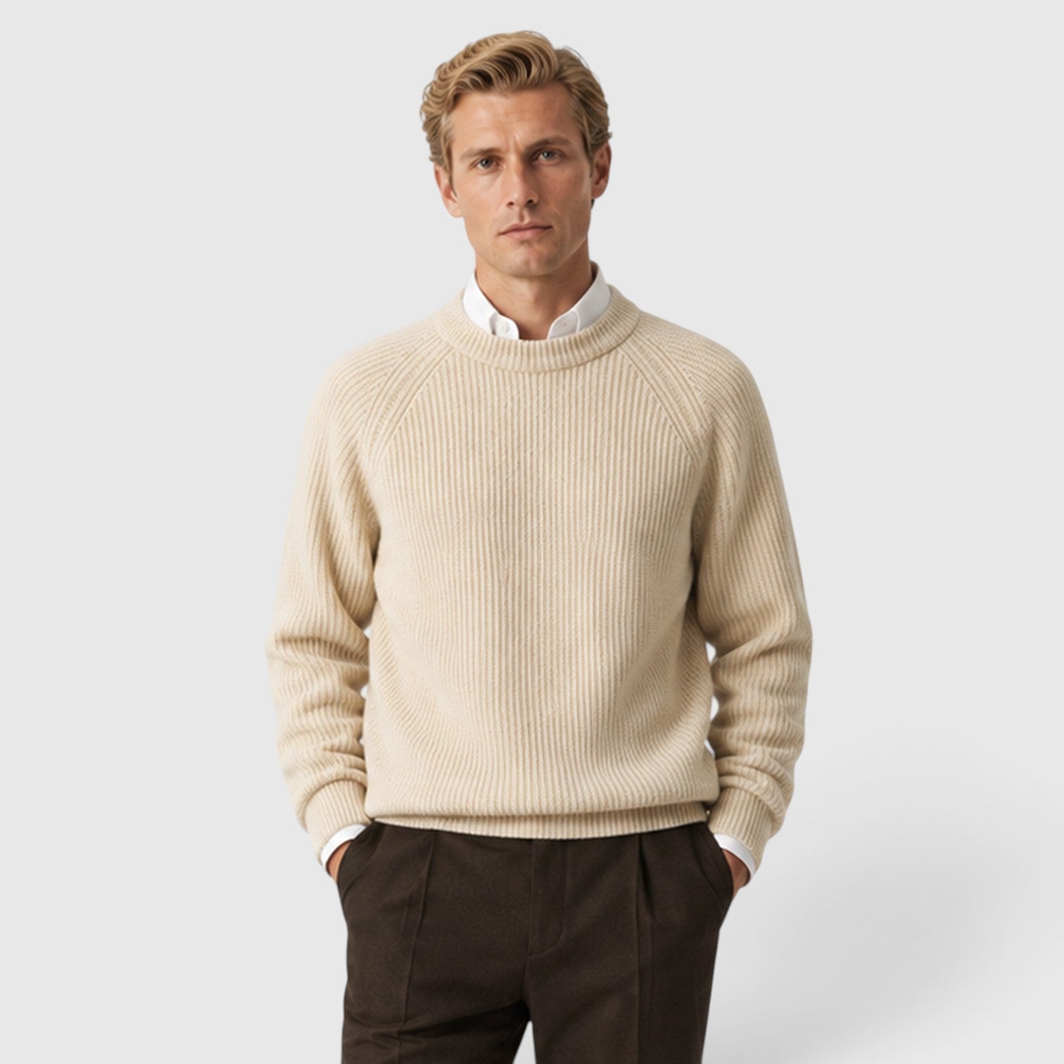 Monvaline | Men's Ribbed Knit Crew Neck Jumper – Two-Tone Design