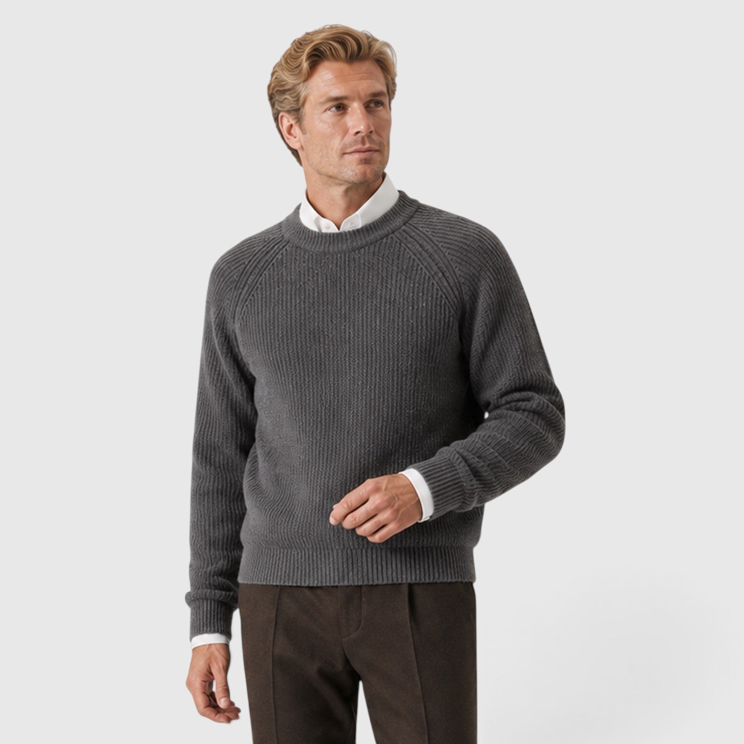 Monvaline | Men's Ribbed Knit Crew Neck Jumper – Two-Tone Design