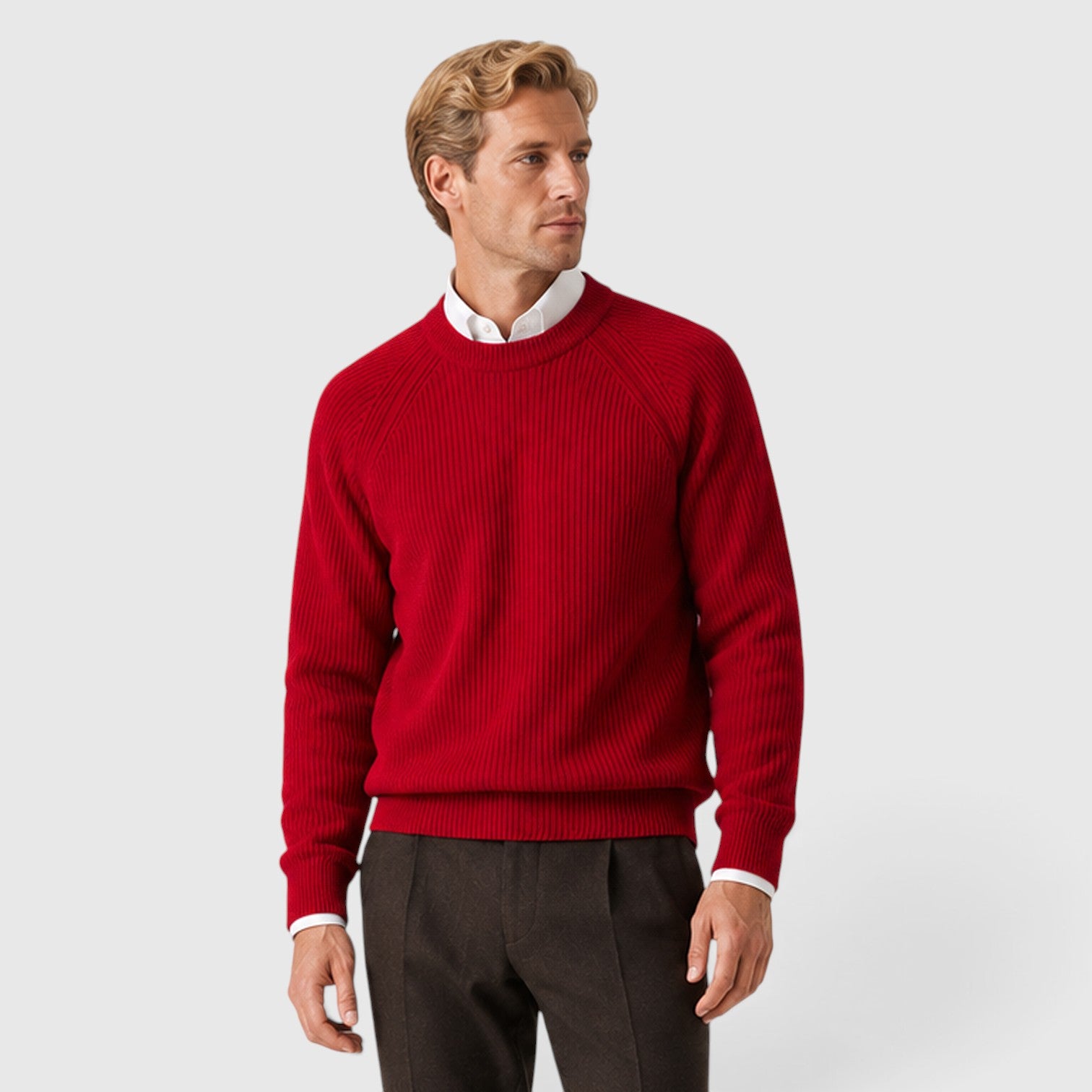 Monvaline | Men's Ribbed Knit Crew Neck Jumper – Two-Tone Design