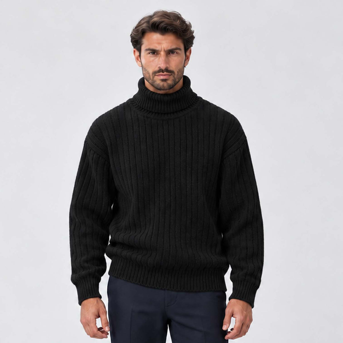 Monvaline | Men's Ribbed Knit Roll Neck Jumper Relaxed Fit