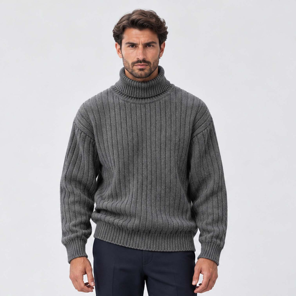 Monvaline | Men's Ribbed Knit Roll Neck Jumper Relaxed Fit