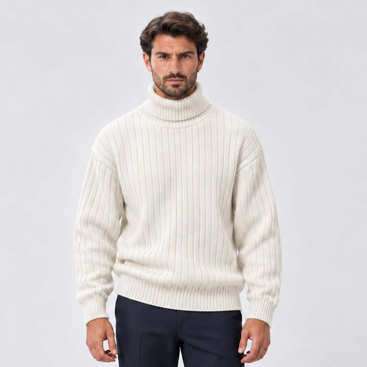 Monvaline | Men's Ribbed Knit Roll Neck Jumper Relaxed Fit