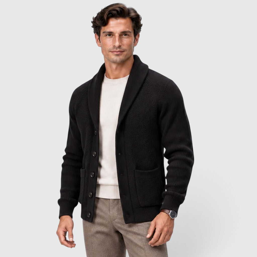Monvaline | Men's Shawl Collar Cardigan – Open Front Knit with Flap Pockets